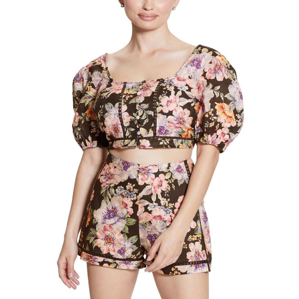 Guess Womens Black Square Neck Puff Sleeve Summer Cropped NWT